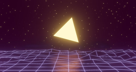 3d render, neon glowing retro wireframe posterの写真素材