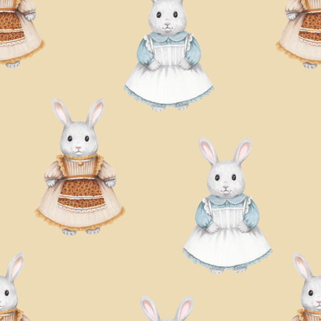 animal sketch cute gray rabbits in vintage costumes marker drawing pattern 2 on a beige backgroundの写真素材