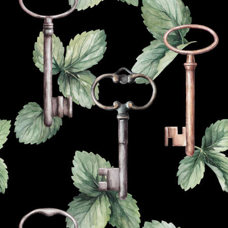 watercolor drawing on a summer theme old beautiful vintage key with strawberry leaves darkened metal unusual shape pattern 2 on a black backgroundの写真素材