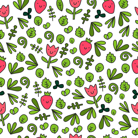 Tulip and strawberry seamless pattern with green and pink colors on white fontのイラスト素材