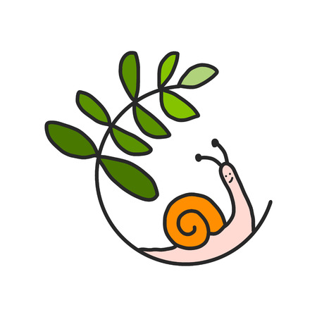 Ecological symbol with snail shell and green plant leaf. Ecology and nature concept. For gardening, environment, tourism topics. Flat silhouette vector icon on white backgroundのイラスト素材