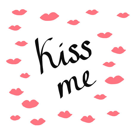 Kiss me handdrawn lettering with pink lips on white backgroundのイラスト素材