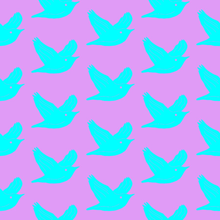 Bird seamless pattern handdrawn in minimalistic style blue on violet