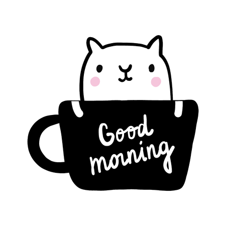 Good morning lettering cup of coffee with cat illustration black and white hand drawn in minimalistic style for printsposters cards postcards banners books and notebooks kawaii style.のイラスト素材