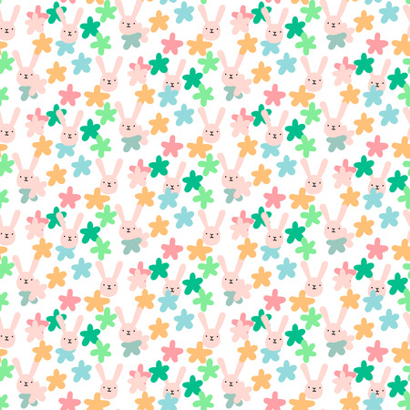 Pastel hand drawn seamless pattern with rabbits flowers and easter decoration minimalismのイラスト素材