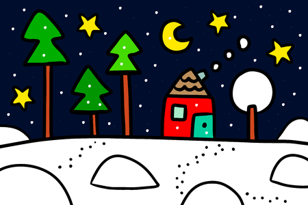 Winter night hand drawn illustration with house in the forest minimalismのイラスト素材
