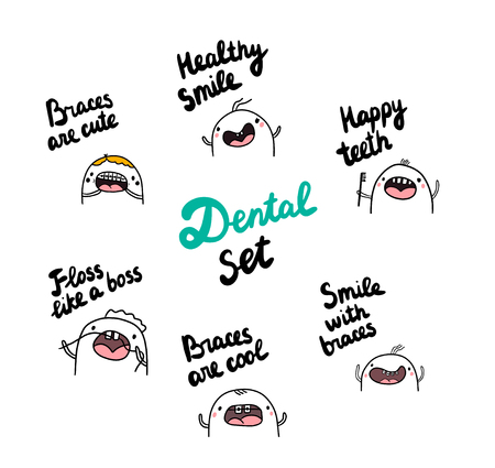 Dental set hand drawn illustrations with cute marshmallow wearing braces and cleaning teeth cartoon minimalismのイラスト素材
