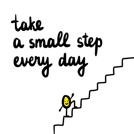 Take a small step every day hand drawn illustration with cute egg yolk climbing the stairs cartoon minimalismのイラスト素材