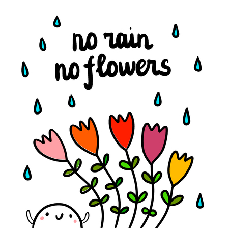 No rain no flowers hand drawn lettering with cute illustration miniamalism tulips and marshmallowのイラスト素材