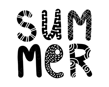 Summer hand drawn lettering in black and white colors cartoon style minimalismのイラスト素材