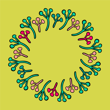 Green pink and purple hand drawn plants in a wreath cartoon style mandalaのイラスト素材