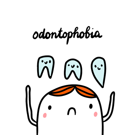 Odontophobia hand drawn illustration with cute marshmallow and teeth cartoon minimalismのイラスト素材