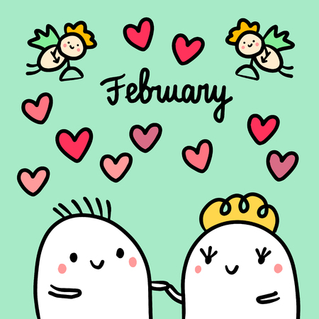 February hand drawn illustration with cute marshmallows in love cartoon minimalismのイラスト素材