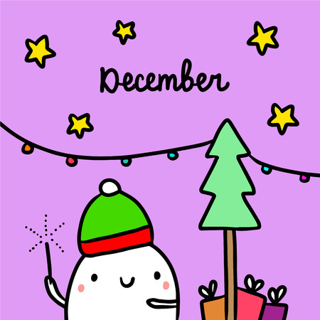 December hand drawn illustrationwith cute marshmallow and tree cartoon minimalismのイラスト素材