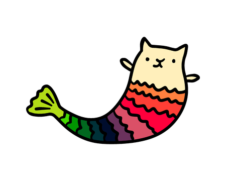 Marmaid cat hand drawn illustration with cute creature and rainbow tail cartoon minimalismのイラスト素材