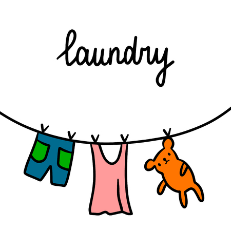 Laundry hand drawn illustration with wet clothes outside cartoon minimalismのイラスト素材