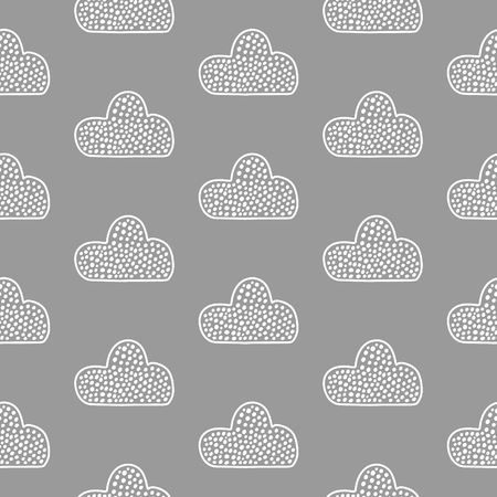 White contour clouds with dot on grey font hand drawn seamless pattern cartoon minimalismのイラスト素材