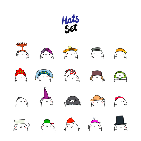 Hats set hand drawn illustration in cartoon minimalism types of different traditions and stylesのイラスト素材