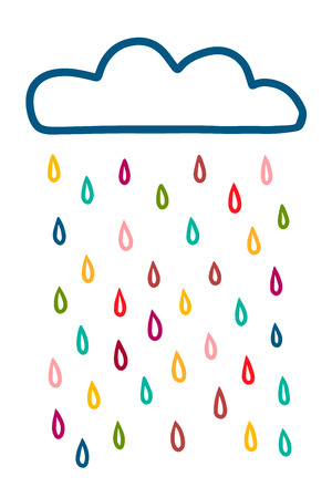 BLue cloud and colorful rainbow drops hand drawn illustration cartoon minimalismのイラスト素材