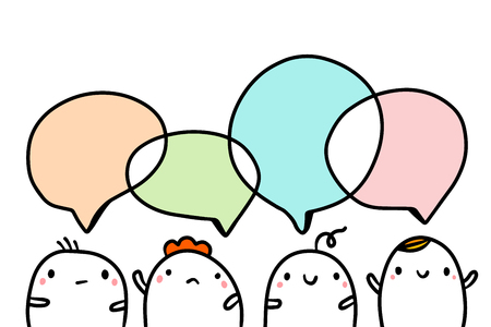 Company of four cute marshmallows talking hand drawn illustraton with speech bubbles cartoon minimalismのイラスト素材