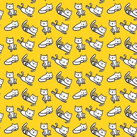 White cats on yellow font hand drawn seamless pattern in cartoon styleのイラスト素材