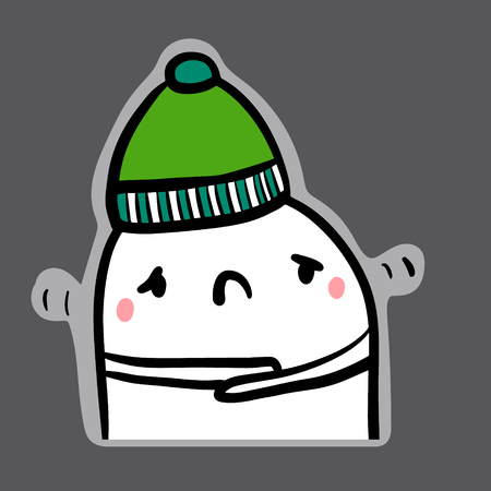 Feeling cold hand drawn sticker illustration with cute marshmallow in green hatのイラスト素材