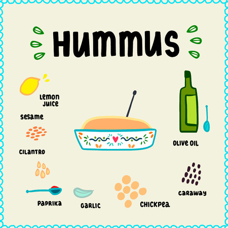 Hummus recipe illustration traditional arabic cuisine hand drawn in cartoon style flat designのイラスト素材