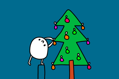 Cute cartoon man decorating new year tree with lanterns hand drawn illustration for print posters brochure. Vector minimalism styleのイラスト素材