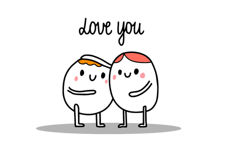 Love you hand drawn illustration with cartoon man hugging together. Vector minimalism style for prints posters banners cardsのイラスト素材