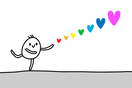 Cute cartoon man sending his love. Heart symbol minimalism. Vector illustration for cards, posters, prints. Valentines day.のイラスト素材