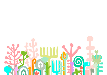 Colorful pastel hand drawn background with herbal elements. Monsters creatures objects. Vector minimalism beautifulのイラスト素材