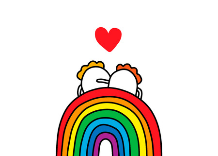 Gay couple of cartoon men sitting on the rainbow. Vector hand drawn illustration. Minimalism styleのイラスト素材