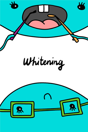 Whitening hand drawn vector illustration. Dental clinic manipulation. Minimalism cartoon style blue colorsのイラスト素材