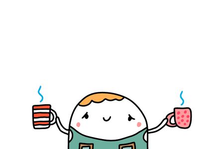 Cute barista holding two cups with hot coffee hand drawn vector illustration on white backgroundのイラスト素材