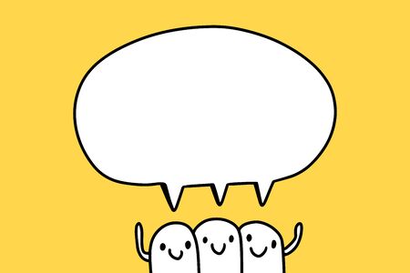 Three friends cartoon team hand drawn vector illustration talking speech bubble minimalism on yellow...