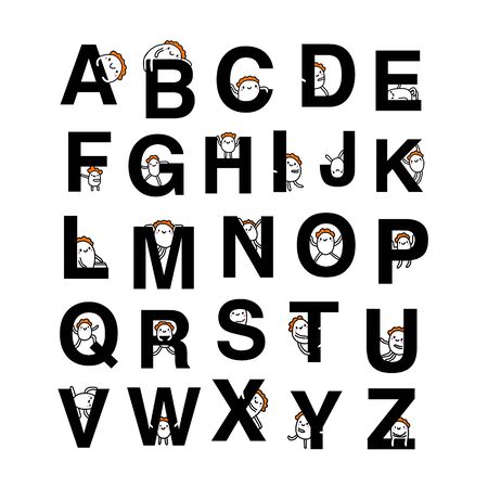 Cartoon hand drawn alphabet with cute comic man for kids education poster printのイラスト素材