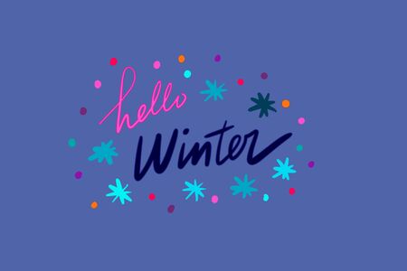 Hello winter hand drawn vector illustration with lettering blue pink purple stars dots christmas timeのイラスト素材