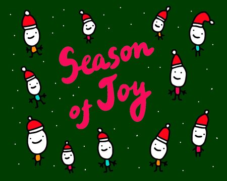 Season of joy hand drawn vector illustration with lettering green red white cute santa claus group togetherのイラスト素材