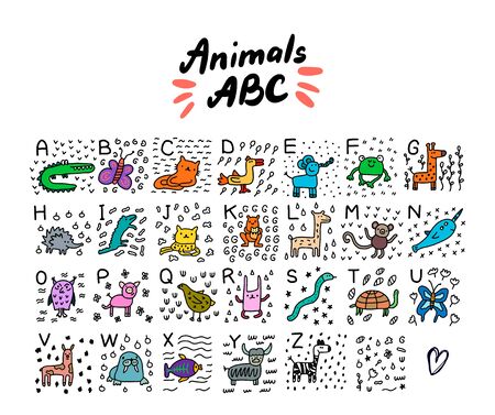 Animals abc alphabet hand drawn vector illustration in cartoon style set alligator cat jaguar turtle fish lama frog snake butterfly monkey owl rabbit wild domestic poster print kids.のイラスト素材