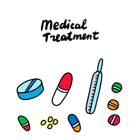 Medical treatment hand drawn vector illustration with pills drops capsules drugs symptoms of menstrual cycle vibrant colorsのイラスト素材