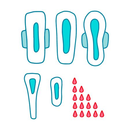 Hygienic pads for womans menstrual cycle periods hand drawn vector set of different sizes blood absorbencyのイラスト素材