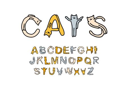 Cats hand drawn vector font type in cartoon comic style with domestic animals cute kawaiiのイラスト素材