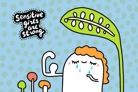 Sensitive girls are strong hand drawn vector illustration in cartoon comic style plants mushrooms textured backgroundのイラスト素材