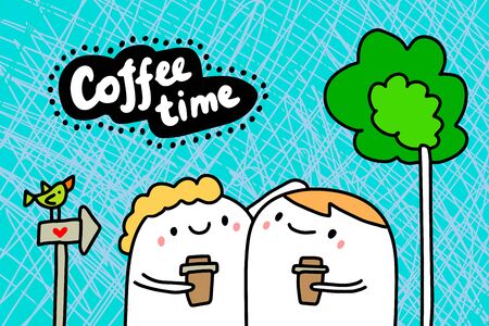 Coffee time hand drawn vector illustration in cartoon comic style couple together drinking letteringのイラスト素材
