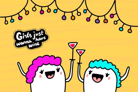 Girls just wanna have wine hand drawn vector illustration in cartoon comic style women together dancing with glasses of drinkのイラスト素材