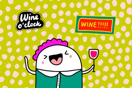 Wine time oclock hand drawn vector illustration in cartoon comic style man happy to drinkのイラスト素材