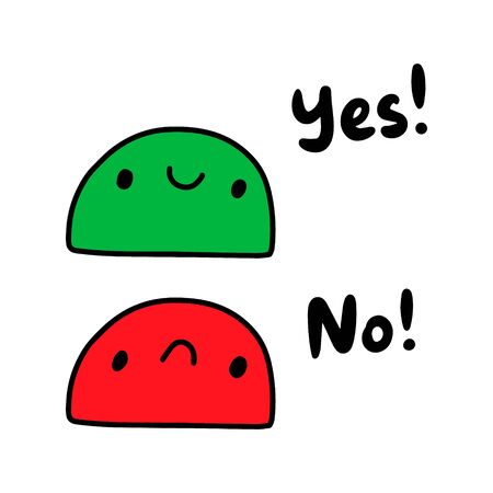 Yes no hand drawn vector illustration in cartoon comic style funny faces green red expressiveのイラスト素材
