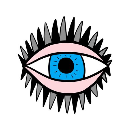 Open psychedelic blue eye hand drawn vector logo illustration in cartoon comic style print poster make up sharp lashesのイラスト素材