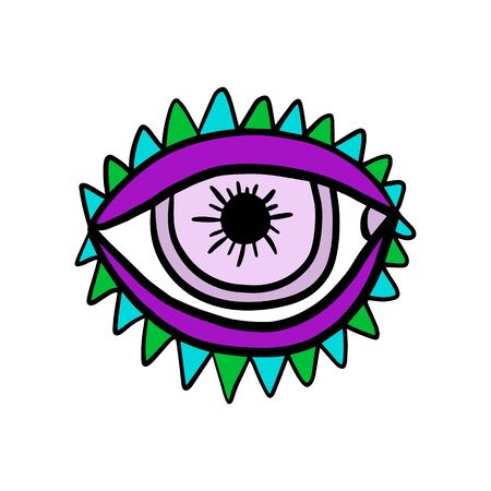 Psychedelic violet green turquoise eye in cartoon comic stlye logo illustration open triangle lashesのイラスト素材