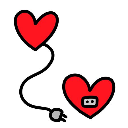 Two hearts hand drawn vector illustration in cartoon comic style electric plug and socket chargingのイラスト素材